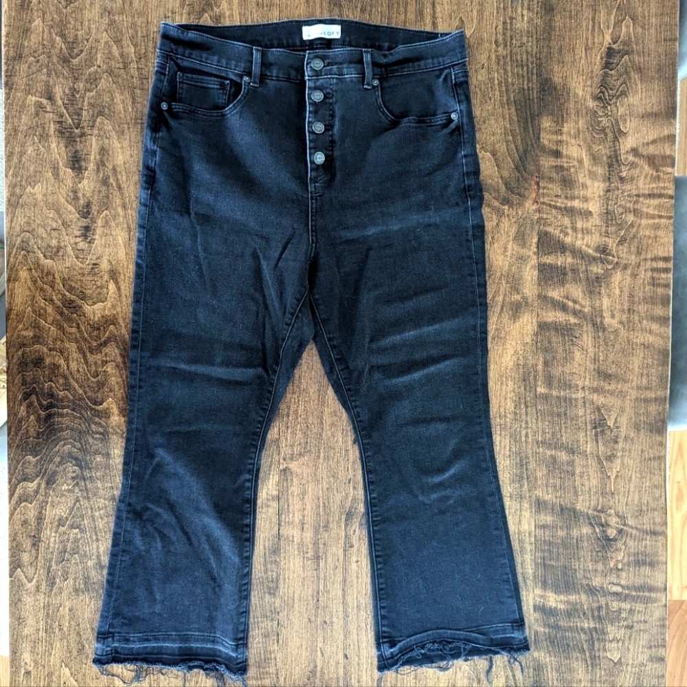 Loft Button Fly High Rise Crop Flare Jeans, Petite, Sz 14